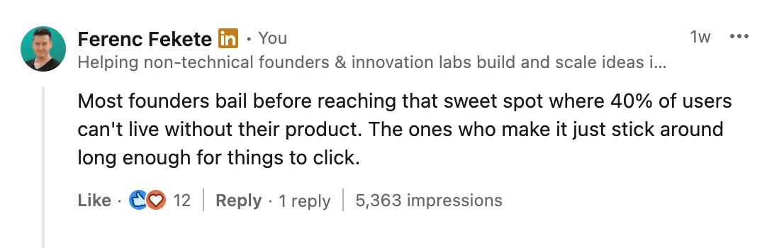 A LinkedIn comment by Ferenc Fekete that earned 5,363 impressions and 12 reactions